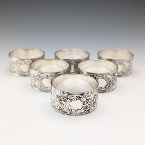 Antique British silver plate napkin rings, set of 6